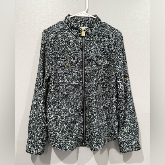 Michael Kors Navy and Green Floral Blouse with front zipper closure /size S - Picture 9 of 11